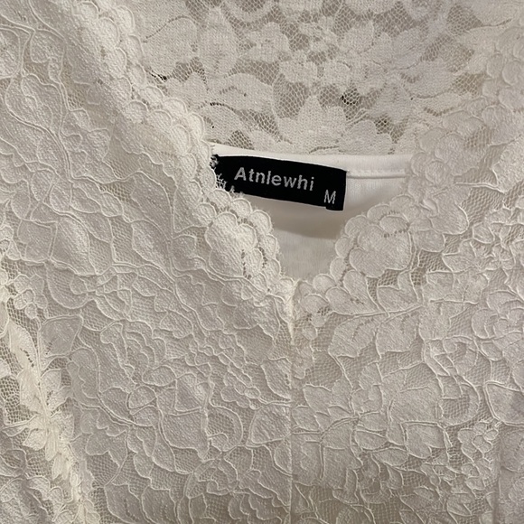 White Lace Elbow Sleeve Knee Length Dress - Picture 2 of 3